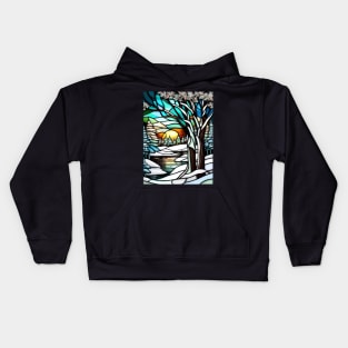 Stained Glass Snowy Winter Scenery Kids Hoodie